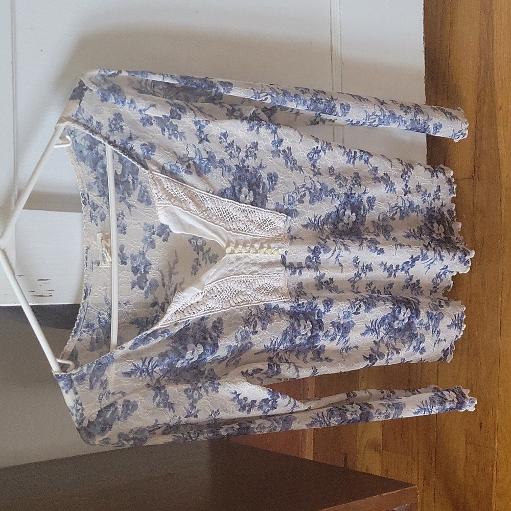 Denim & Supply Ralph Lauren Blue Floral Lace Top Shirt Peasant Semi Sheer Large